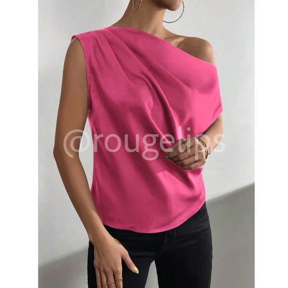 Hot Pink Satin Draped Asymmetrical Blouse Top Off One Shoulder - Picture 5 of 8